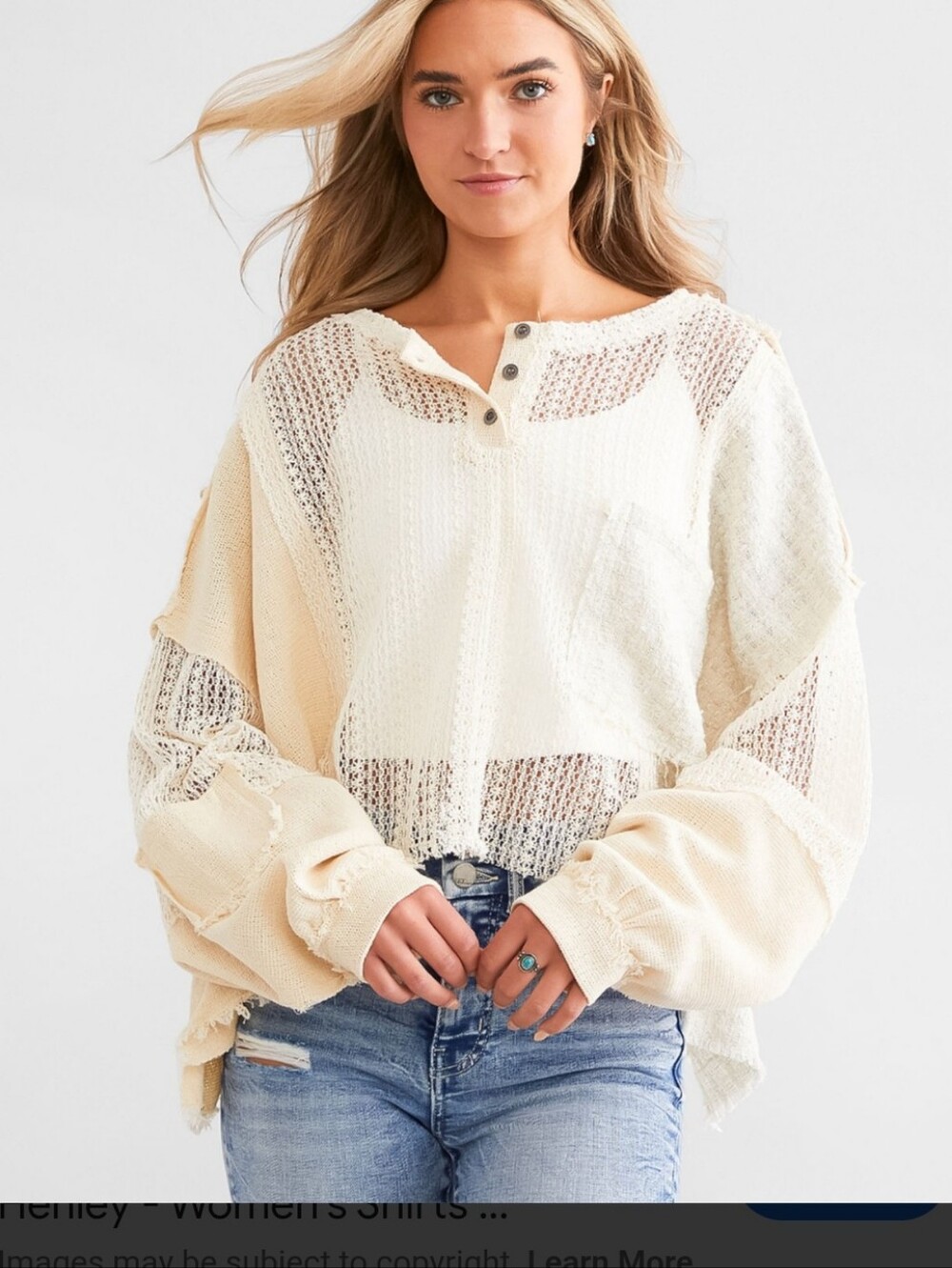POL Mixed Open Weave Croped Henley Light Cream Distressed Knit Women’s Sweater